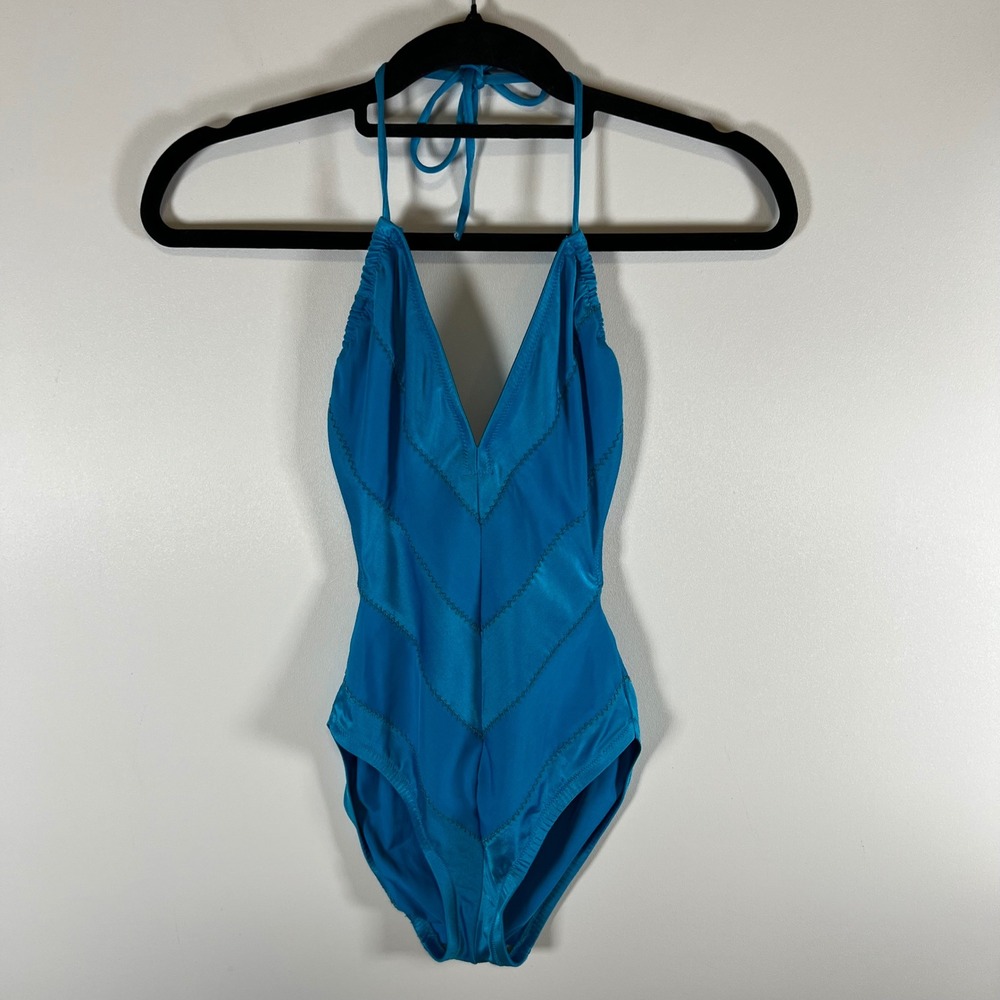 Vintage DeWeese Design Turquoise Blue Chevron ZigZag Halter One Piece Swimsuit